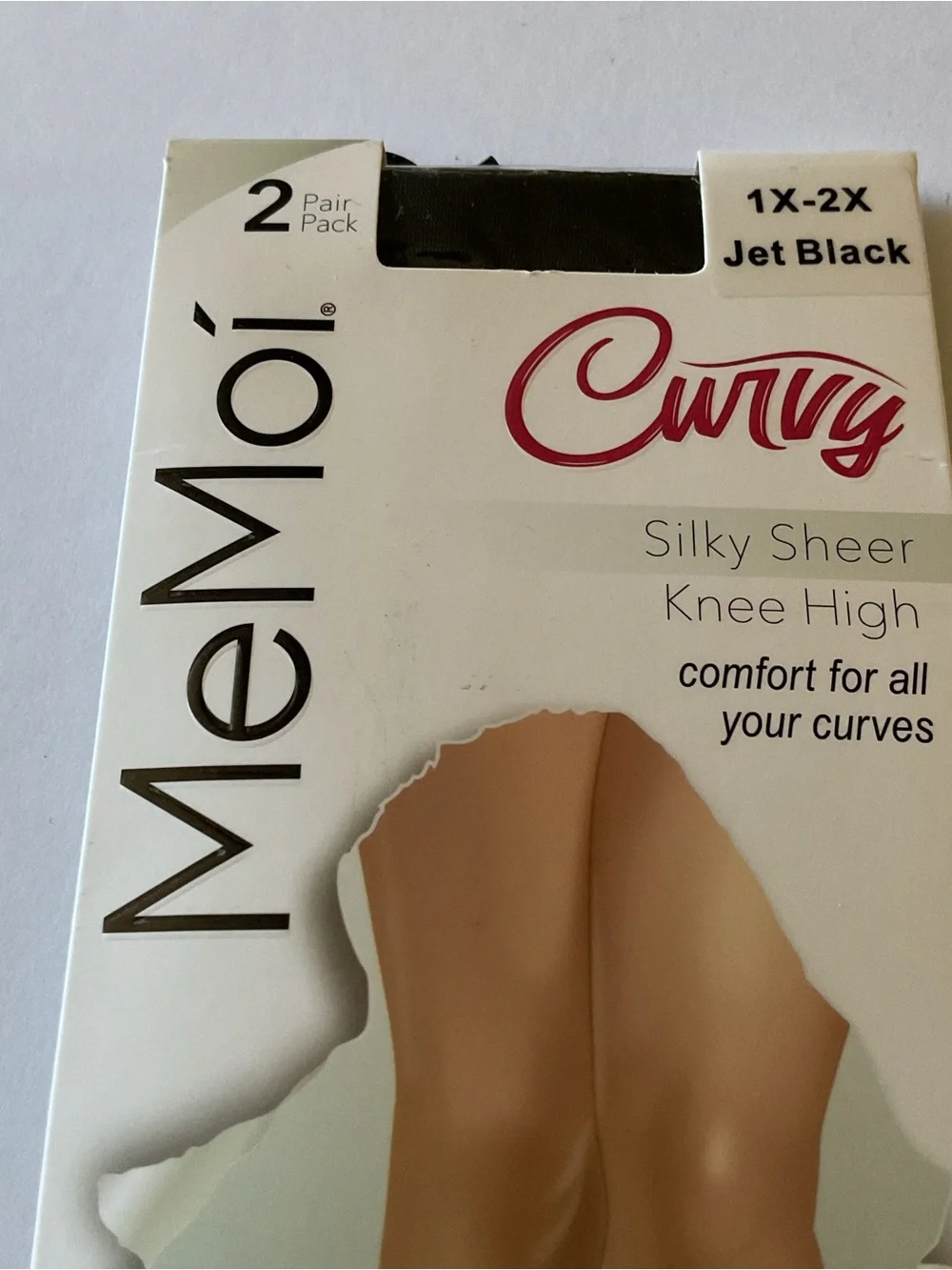 MEMOI WOMENS 2 PAIR PACK CURVY SILKY SHEER KNEE HIGH SOCKS JET BLACK  1X-2X NWT